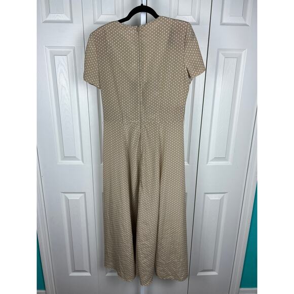 Vintage 80s Classic Tan and White Polka Dot Midi Dress D. J. Summers Size 12 - Picture 3 of 7
